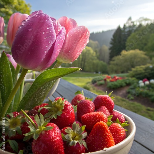 Tulips and strawberries after rain shower, fresh colors, beautiful background
