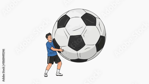 Soccer player pushing a giant soccer ball with effort and determination