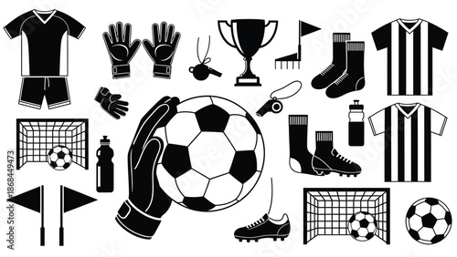 A collection of black and white soccer equipment and accessories on a white background