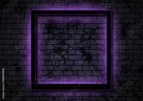 Black square frame on dark brick wall with violet luminous neon lights abstract retro background. Vector design