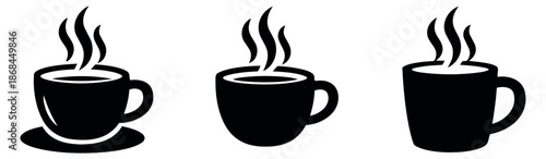Simple coffee cup icon set featuring various steaming hot beverages for cafe and restaurant branding