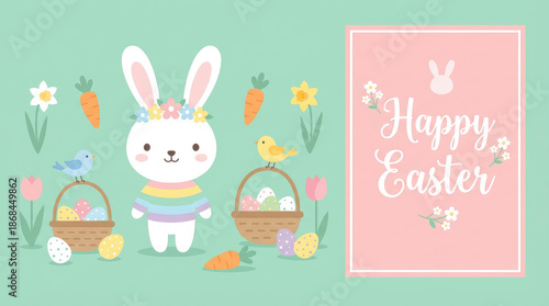Easter themed image with a bunny, carrots, eggs and a pink card with decorative text on a light green backdrop