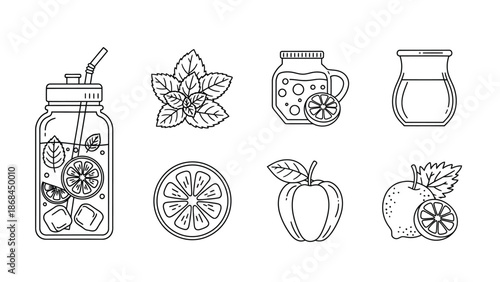 Collection of black line icons representing ingredients and beverages used in detox water and infused drinks
