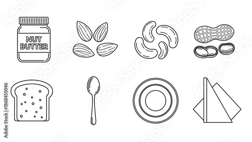 Collection of minimalist line art icons depicting nuts, nut butter toast, and dining utensils