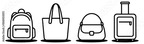 Line art bag set featuring a backpack, tote bag, handbag, and suitcase for travel and fashion concepts
