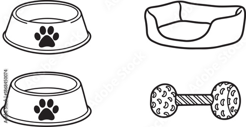 Pet Food Bowls and Dog Bed Illustration