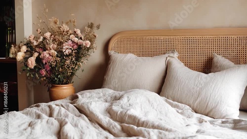 Beige, white, and gray pillow set, with natural linen and cotton bed sheets. A soft, natural bouquet of flowers in a boho style. Mockup for interior textile design, featuring eco-friendly fabric.