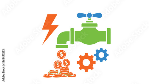 A colorful illustration of a faucet with money and gears coming out
