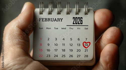Hand holding a desk calendar with February 14 circled by a heart, symbolizing Valentine’s Day, love reminders, romantic planning, and meaningful dates. Ideal for holiday marketing and relationship con