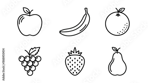 Simple black and white line art icons depicting fresh fruits including apple, banana, orange, grape, strawberry, and pear