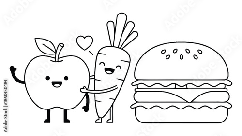 A cartoon apple and carrot hug with a heart, next to a hamburger