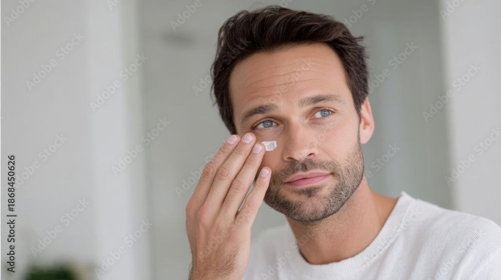 Obraz premium Close-up portrait of a young man applying a cream to his face. he is holding the cream in his right hand and applying it to his left eye with his left hand.