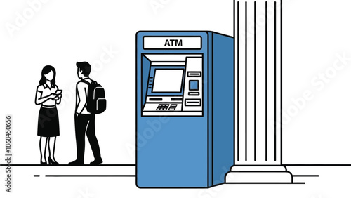 An illustration of a blue ATM machine with two people standing nearby