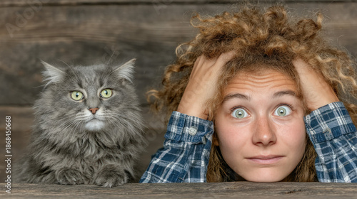 Panicked woman looking at a...
