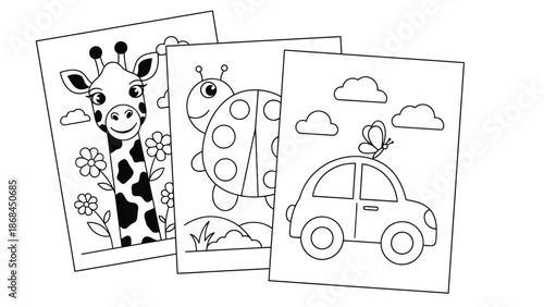 Colorful illustrations of a giraffe, ladybug, and red car for kids to paint