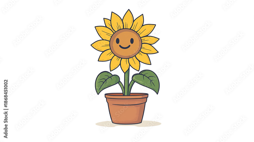 Obraz premium Sunflower in a Pot: A cheerful sunflower, with a happy face, thrives in a brown pot, radiating warmth and joy with its bright yellow petals.