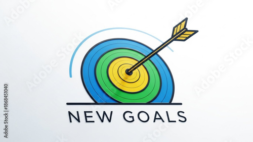 A colorful target with an arrow hitting the center and the words 'new goals' written below it symbolizing achievement and motivation with success