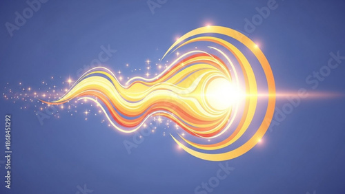 Vibrant swirling golden light trails with sparkles on blue background for creative design and technology concepts with energy illustration and vibrant colors