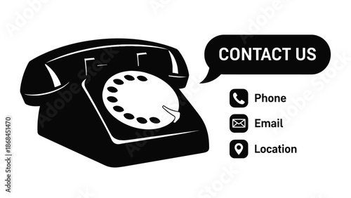 A red rotary phone with a contact us speech bubble and communication icons