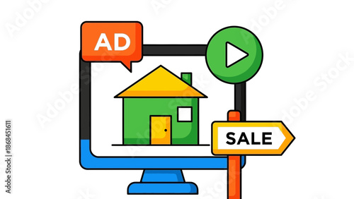 A colorful cartoon house on a computer screen with an ad and sale sign
