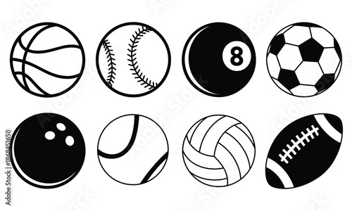 Sports balls vector icons set in silhouette style, including American football, soccer, baseball, basketball, bowling, snooker, volleyball, and other game illustrations for creative and professional 