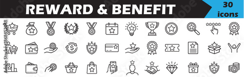 reward benefit icons, achievement symbol,  trophy and medal icons, gift and crown, business motivation, gamification dashboard icons,  black white incentive set, success icon collection, bonus icon