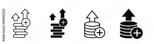 Increasing finance and growth icons with plus signs and arrows. Modern finance icons illustrating growth and increase with plus signs and arrows, ideal for business and financial concepts.