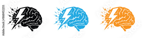 brain storm icon. Brainstorming ideas with electric shock concepts. Vibrant brain illustrations with electric shock sparks, symbolizing creative ideas and innovation. 