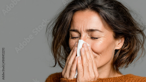 Woman sneezing into a tissu...