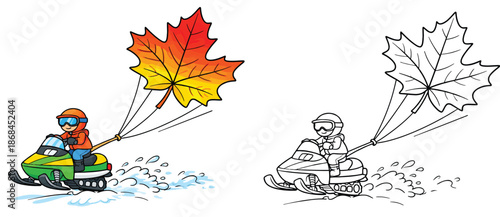 An enormous maple leaf is being pulled by a cartoon snowmobile rider A humorous vector image of winter