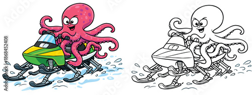 A vector illustration of an octopus riding a snowmobile A humorous character operating a winter vehicle