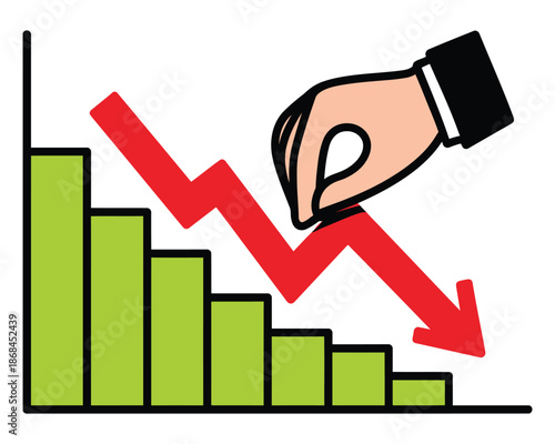 A hand in a business suit pulls down a red arrow on a declining graph with green bars.