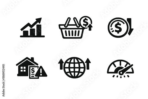 Global inflation icon set with rising prices, cost of living and economic pressure symbols. Black flat vector icons with transparent background for news graphics and reports.