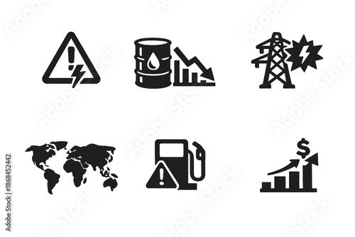 Energy supply shock vector icon set featuring fuel scarcity, power disruption and rising energy costs. Black flat icons ideal for editorial visuals, dashboards and global analysis.