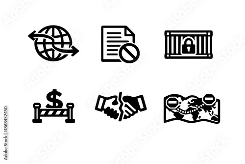 Global trade restriction vector icon set featuring sanctions, blocked agreements and economic pressure icons. Black flat icons ideal for editorial visuals, reports and geopolitical content.