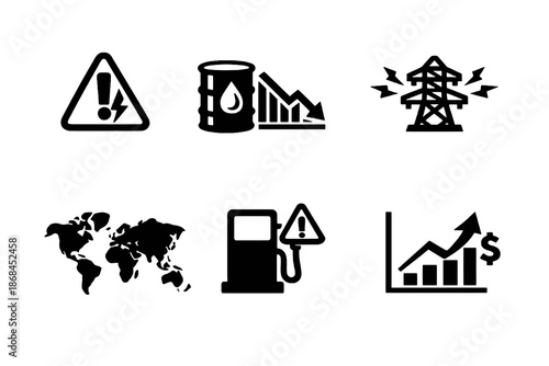 Global energy crisis icon set with shortages, fuel alerts and supply disruption symbols. Black flat vector icons with transparent background for news graphics and economic reports.