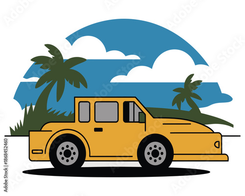 A yellow car is parked on a tropical beach with palm trees and a blue sky