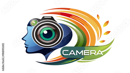 Very beautiful camera logo featuring a stylized lens merged with a human head silhouette, symbolizing vision, creativity, and storytelling, ideal for photographers, designers, and visual media brands.