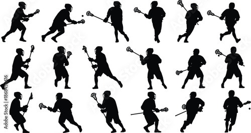 Collection of Lacrosse Player Silhouettes Including Athletes Running, Passing, and Shooting with Sticks for Sports Graphic Design, Team Competition, and Training
