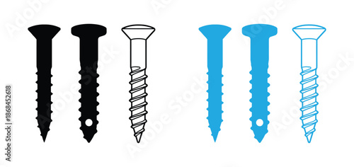 A graphic set featuring a collection of screw silhouettes. Each screw is presented as a distinct shape, isolated on a clean white background.