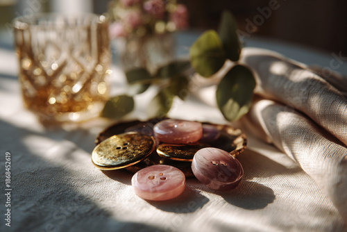 An illustration of a small selection of buttons, hooks and eyes in a dernel style, neatly laid out on a light table, warm sunlight creating soft highlights, subtle green accents softly blurred in the 