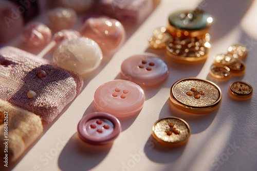 An illustration of a small selection of buttons, hooks and eyes in a dernel style, neatly laid out on a light table, warm sunlight creating soft highlights, subtle green accents softly blurred in the 