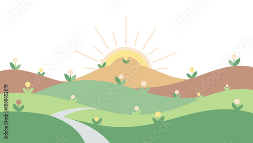 Sunrise over rolling hills with colorful flowers and winding path