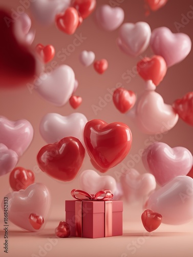 A romantic display of heart-shaped balloons floats delicately around a festive gift box, all set against a soft, loving background.