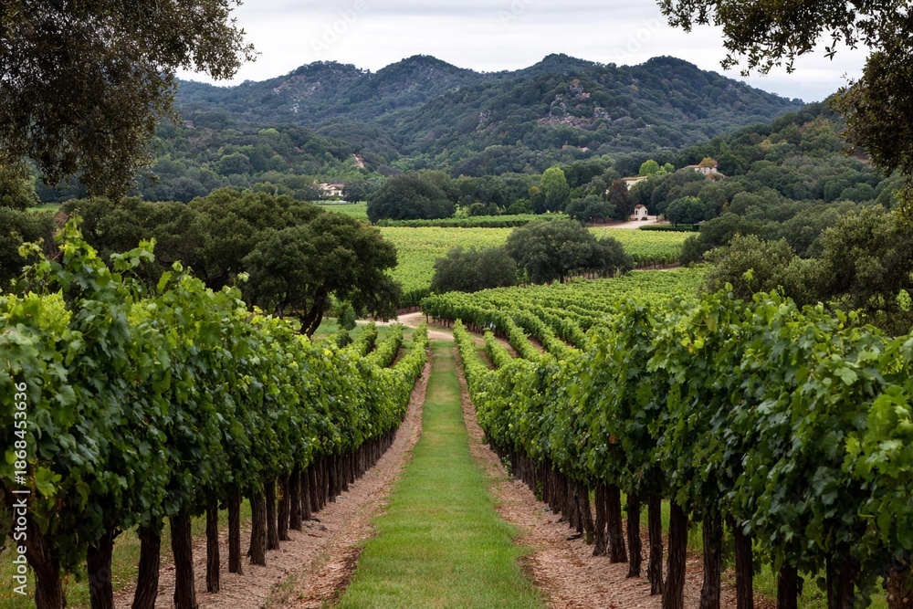 Naklejka premium Vineyard with grapevines and mountain backdrop