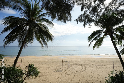 A serene, sunlit beach in Lang Co, Hue, framed by palm trees and pines, overlooking calm waters and golden sands.