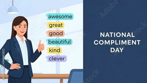 Business Woman Giving Thumbs Up with Positive Words, National Compliment Day 2D Illustration