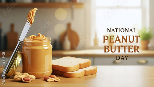 Peanut Butter Jar with Bread Slices and Knife on Table, National Peanut Butter Day Concept