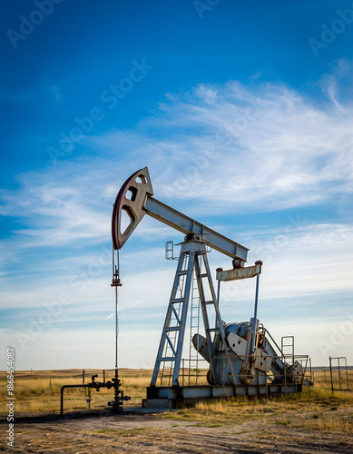 Oil Pump jack in Open Field Under Blue Sky with Copy Space