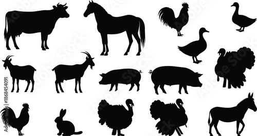 Farm animal silhouette illustration set, livestock and poultry vector collection with cow horse pig goat chicken duck turkey rabbit icons